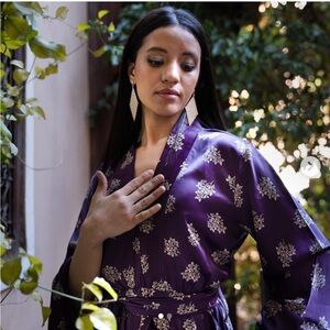 Unique Marrakesh designer brand Purple floral print silk/satin maxi dress gown